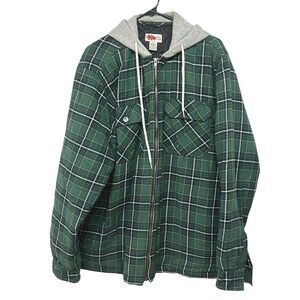 Green‎ Plaid Hooded Flannel Jacket LT Quilted Lined Pockets Workwear Rugged